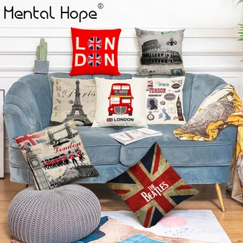 

Big Ben Eiffel Tower Pattern Cushion Cover Linen Cotton Postmark Printed Throw Pillow Cover for Bed Home Decor Square Pillowcase