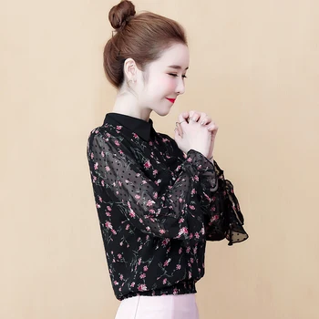 

COIGARSAM Casual Print blouse women Spring Full Sleeve Chiffon Straight Stand Neck blusas womens tops and blouses 717