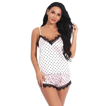 

Sexy lingerie pajamas for women home clothes Sling nightie Satin Silk Point Printin Camisole Shorts Set Sleepwear