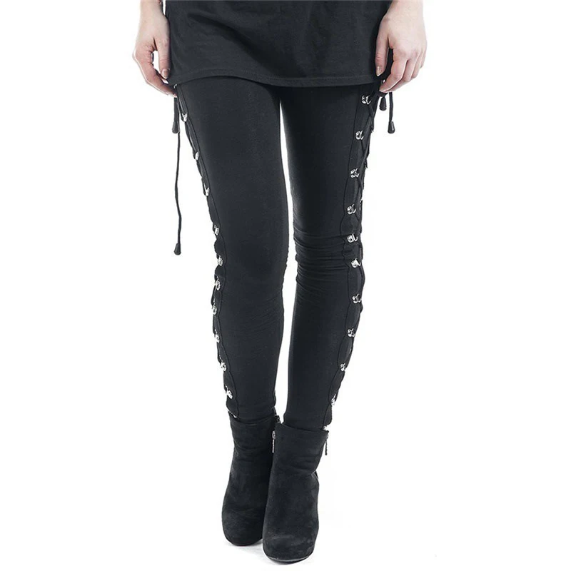 Черный Gothic Style Bandage Leggings Women Punk Pants Black Festival Rave Clothes steampunk Leggins Female - Цвет: Черный