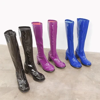 

Women Knee High Boots Round Toe Mid Thick Heels Patent Leather Nightclub Fashion Boots Side Zip Winter Boots Black/Blue/Purple