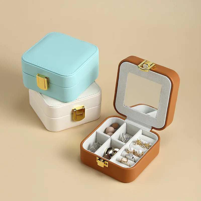 PROD 1005003223556877 Cross-border travel jewelry shell small jewelry
box double layer faux leather with mirror jewelry storage box earrings
ring box