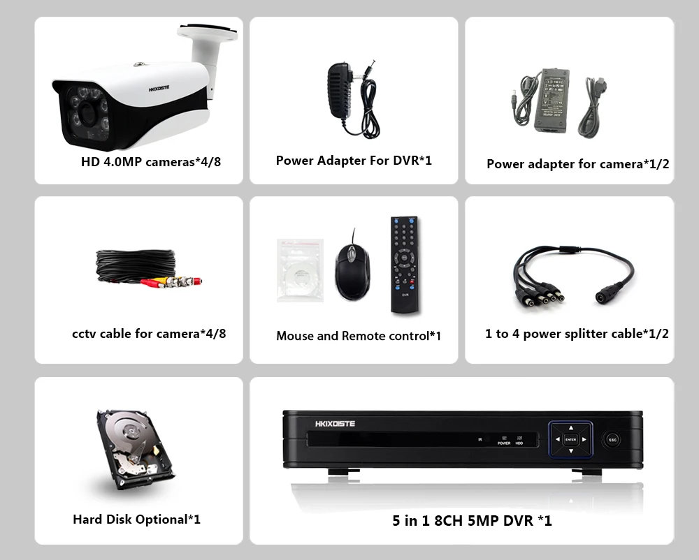 CCTV DVR 5MP 8CH AHD System 6 IR LED headlamp Array 40m Night Vision 3.6mm 70° angle View IP66 HD 4MP Surveillance Cam 4 or 8pcs