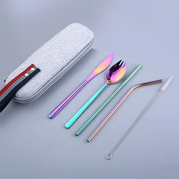 

Stainless Steel Cutlery Set Travel Portable Colorful Salad Spoons Forks Straw Dinnerware Sets Kitchen Appliances Tableware