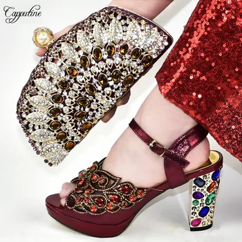 

Luxury Wine High Heels Sandal Shoes And Hand Bag Sets With Crystal Stones 398-2 Height 9.5cm