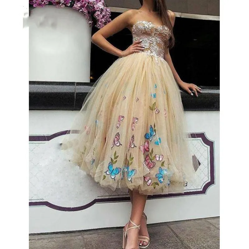 Новое поступление светло-Шампань бабочка коктейльное платье из фатина Кружевное платье-пачка платье-миди для выпускного платья очаровательный со шнуровкой платье для выпускного вечера - Цвет: AS PICTURE