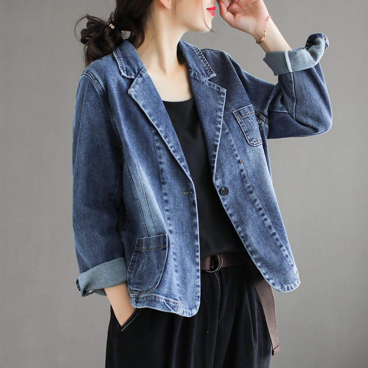 Autumn Suit Collar Vintage Denim Short Jacket Ladies Single Button Slim Coat Loose Plus Size Casual Long Sleeve Outwear Tops 5XL |