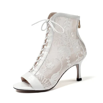 

White lace up summer boots for women genuine leather ladies high heels mesh lace peep toe boots women ankle shoes size 41 42 43