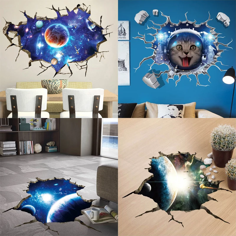 

3D Broken Wall Cosmic Space Wall Sticker Home Decor Living Room Bedroom Floor Decoration Vinyl Decorative Covering Stickers