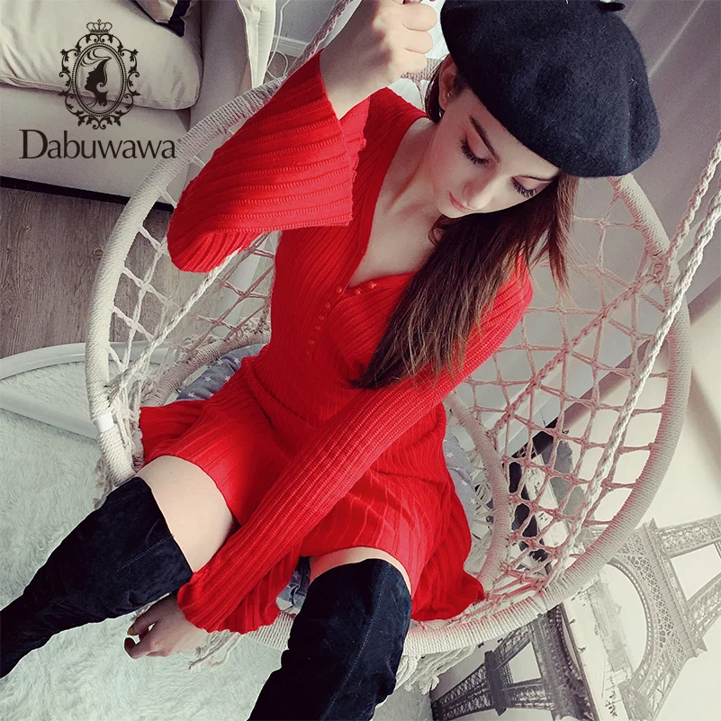 

Dabuwawa Deep V-Neck Rib Knit Plain Fit Flare Dress Women Long Sleeve Slim Dress Elegant Going Out Bodycon Dress D18ADR097