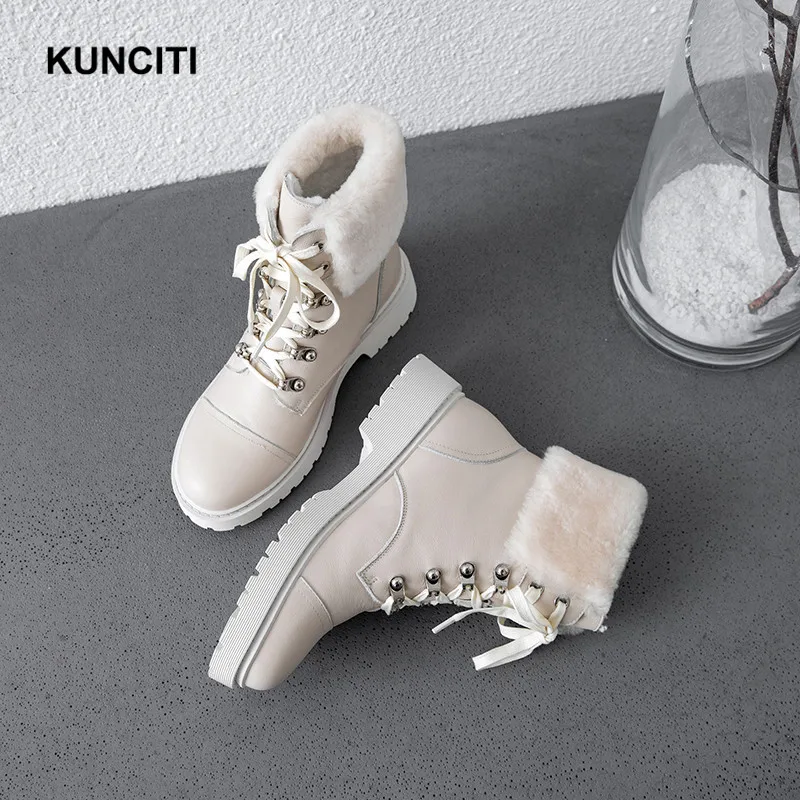 KUNCITI/; теплые зимние ботинки из натуральной кожи; Зимние ботильоны на шнуровке с защитой от холода; женские Ботинки martin с заклепками; D9248