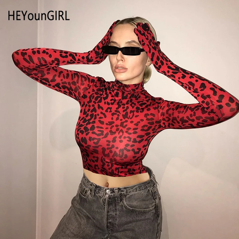HEYounGIRL с животным леопардовым принтом водолазка футболка женская облегающая красная Повседневная укороченная футболка с длинным рукавом женская с перчатками осень