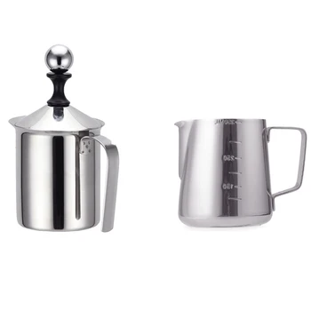 

Manual Milk Frother Set 800Ml,Stainless Steel Double Mesh Milk Frothing Jug,Milk Creamer for Cappuccino & Fancy Coffee