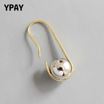 

YPAY Korean Simple U Shaped Pin Hooked Dangle Earrings for Women 1 PC Gold Plated Real 925 Sterling Silver Ball Jewelry YME426