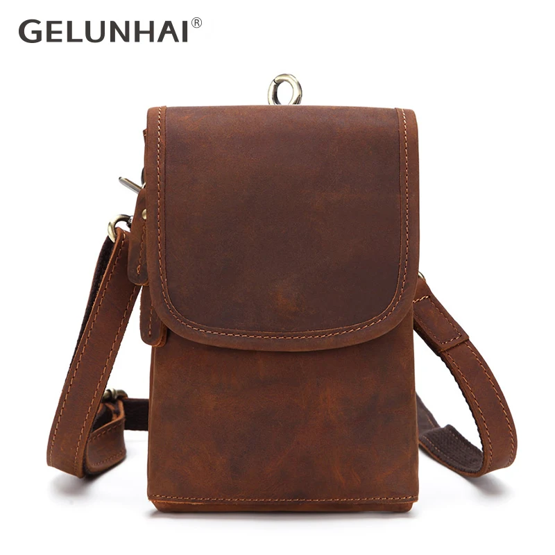 

GELUNHAI Vintage Genuine Leather bags belt messenger bag men small waist hip bag for man waist packs pouch men's Crossbody bags