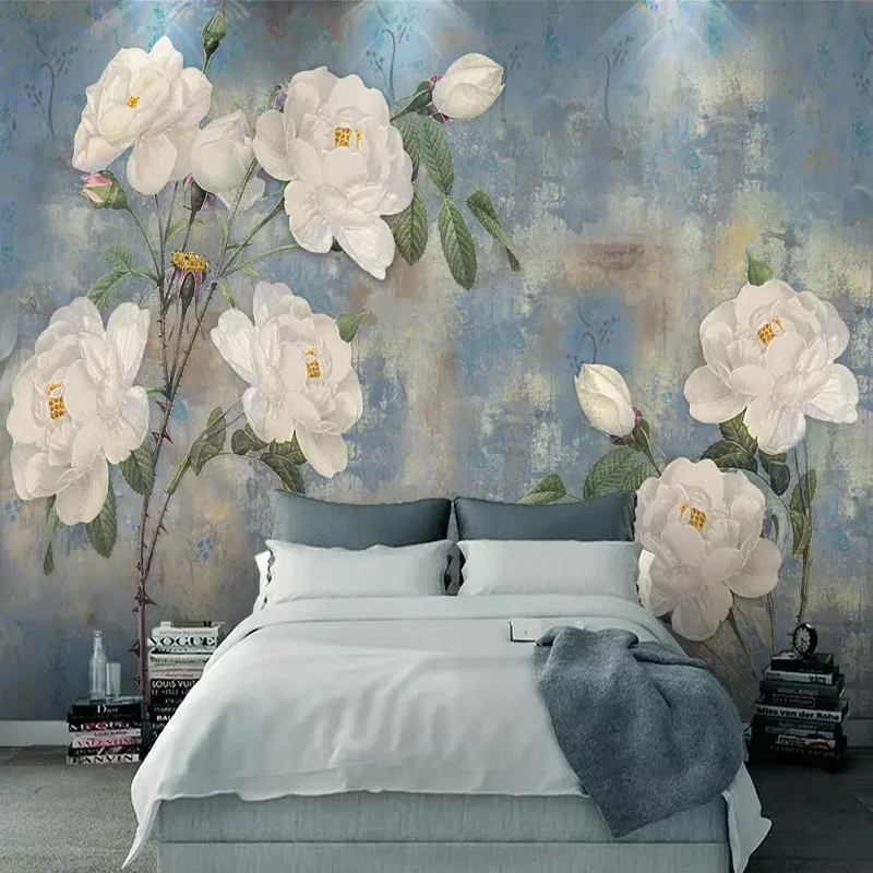 

Drop Shipping Custom 3D Photo Wallpaper Nordic Vintage Watercolor Flower White Rose Mural TV Wall Papel De Parede 3D Mural