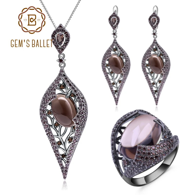 

GEM'S BALLET Natural Smoky Quartz Cocoa Jewelry Sets 925 Sterling Silver Earrings Ring Pendant Set For Women Luxury Jewelry