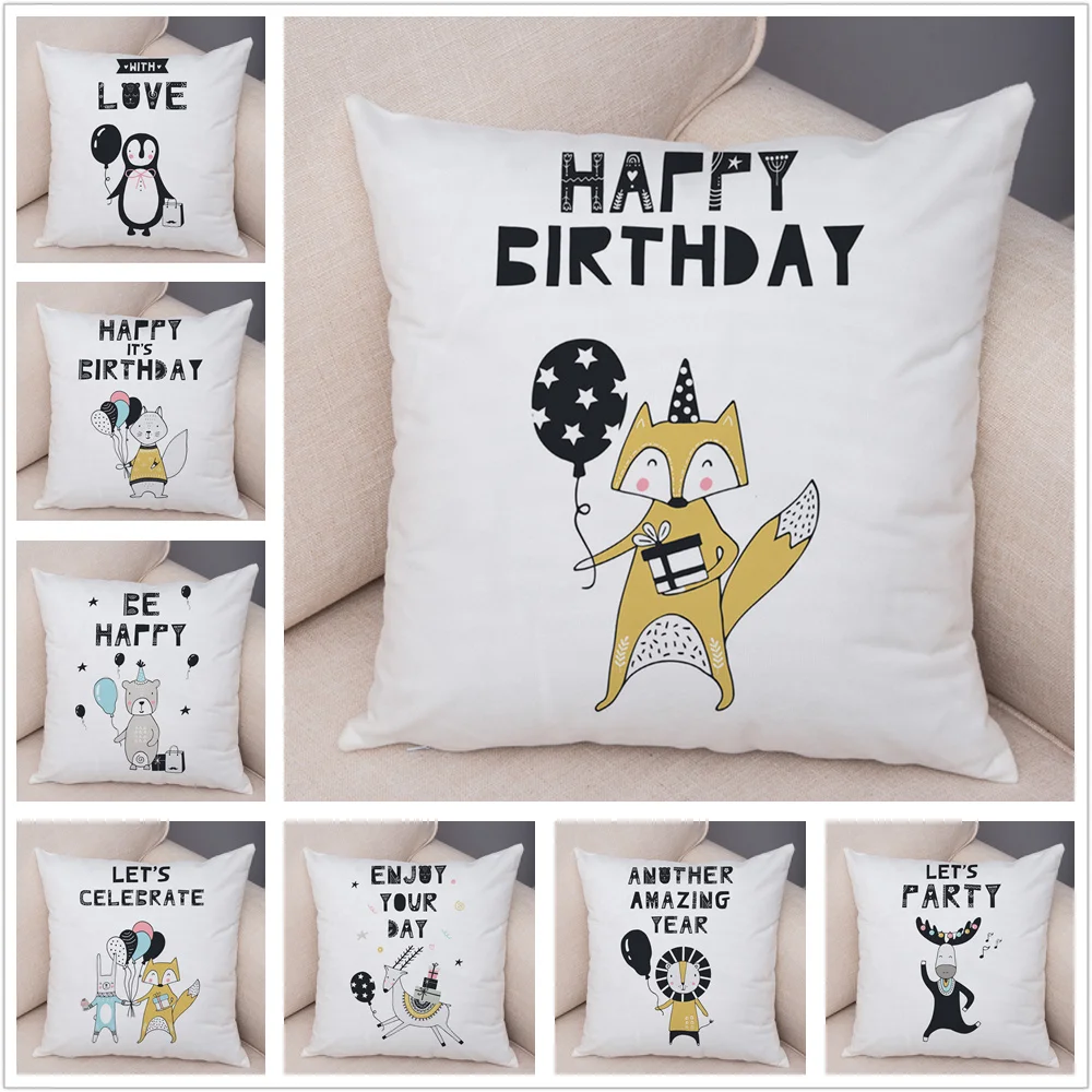 

Happy Birthday Fox Rabbit Deer Pillow Case Decor Animal Cushion Cover for Sofa Pillowcase Super Soft Short Plush Pillow Covers