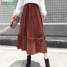 Плиссированная эластичная юбка женская повседневная с высокой талией однотонная бархатная дышащая Длинная женская кружевная модная юбка размера плюс вечерние юбки