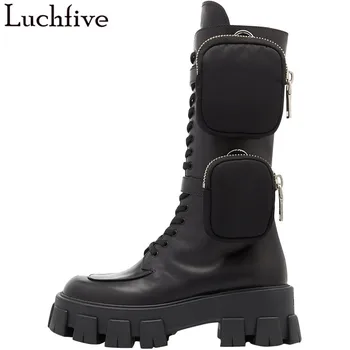 

New Thick Bottom Zipper Boots Femme Design Pocket Winter Boots Round Toe Black Shoes Woman Hot Motorcycle Ankle Boots For Women