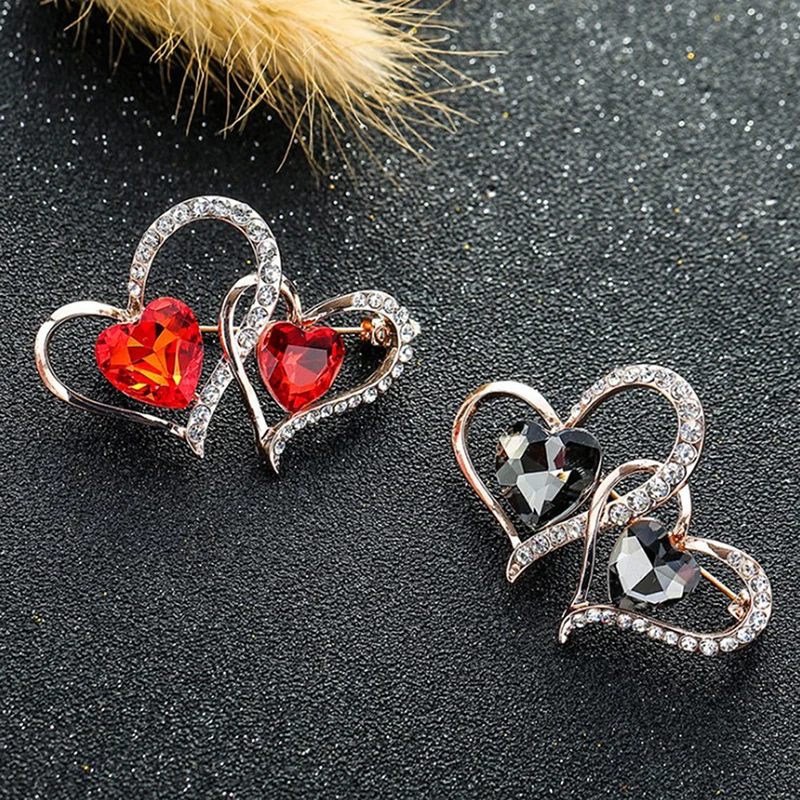 Crystal Double Heatr Brooch Jewelry Valentine Gift Fashion Female Clothing Accessories Pins And Brooches Rhinestone