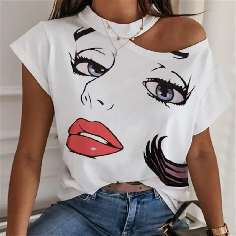 

Lip Eyelashes Prints Tshirt Women Harajuku Princess Streetwear Short Sleeve Bare Shoulder Female T-shirt Vogue Kawaii T-shirt