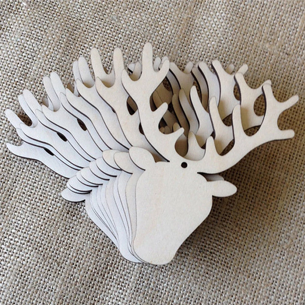Deer Head 10Pcs Christmas Wood Tree Ornaments Xmas Hanging Pendant Decoration - Цвет: Deer Head