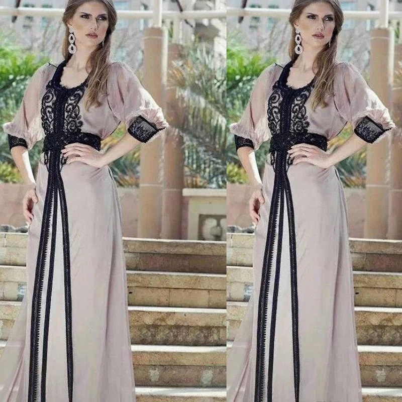 

Morocco Kaftan Evening Dresses Elegant Beaded Long Sleeves Gray and Black Chiffon Muslim Arabic Dubai Prom Party Dress 2020