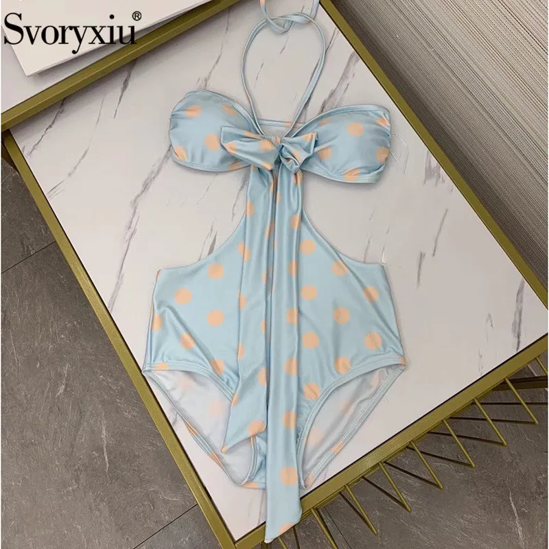 

Svoryxiu Sexy Dot Print Backless Halter Bikini Swimsuit Women's Vintage Bow One Piece Summer Bodysuit Monokini Bathing Suit