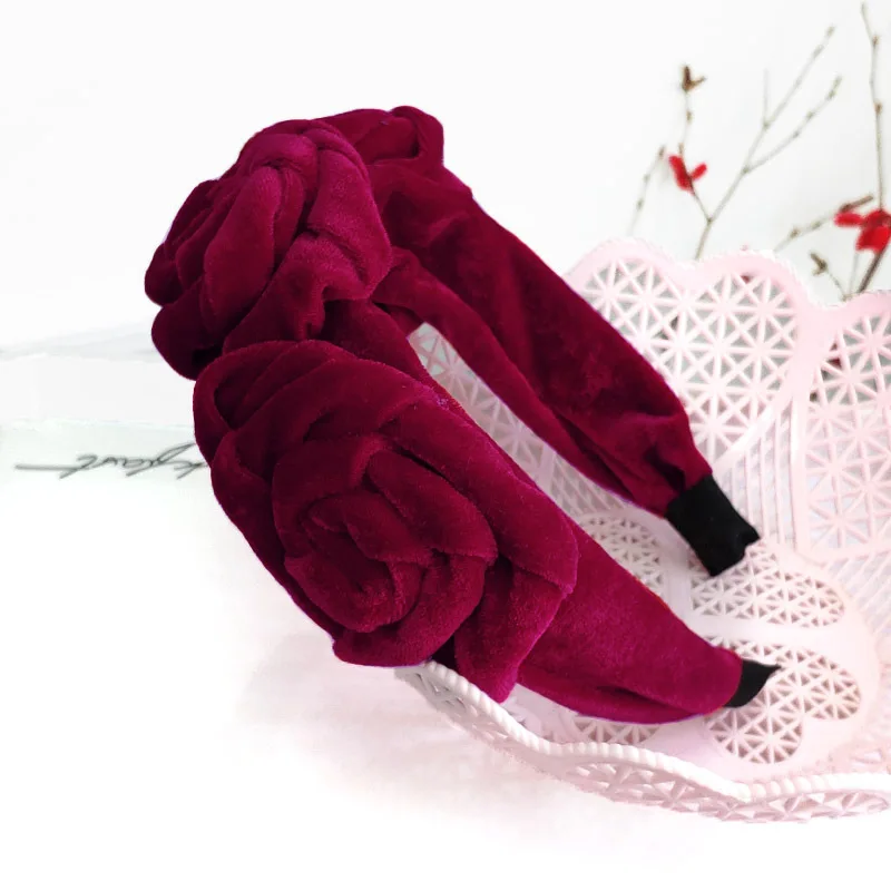 Цветочная тканевая повязка на голову для женщин, бархатное цветочное украшение лента для волос, Дамская Ретро петля для волос, женский головной убор, модные аксессуары для волос - Цвет: Красный