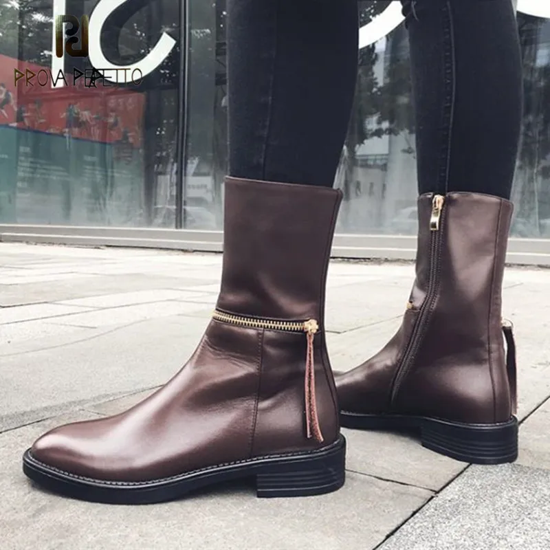 

Prova Perfetto Genuine Leather Low-Heeled Boots Women Martin Boots Winter Snow Boots High Quality Mid Boots For Women Shoes