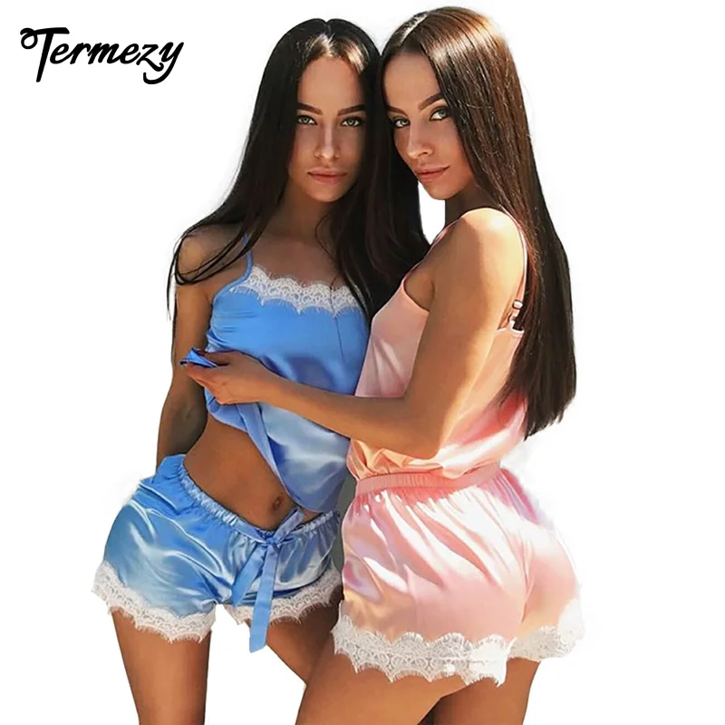 

TERMEZY Sexy Lingerie Sleepwear Women Fashion Lace Casual Loose Sleeveless Nightgown 2 Pcs Pajama Set High Quality Nightwear