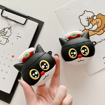 

3D Cartoon Black Sergeant Cat Wireless Bluetooth Earphone Case For AirPods 1 2 soft Silicone Headset protective cover with hook