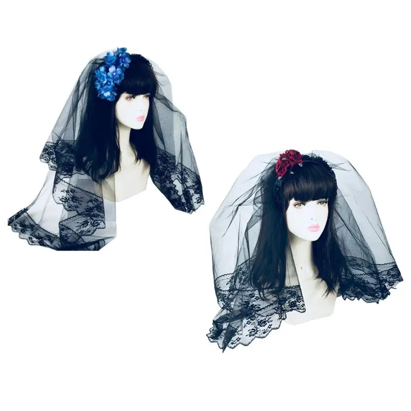 Двухслойная свадебная вуаль с цветочным декором, Черная кружевная оправа, Тюлевая сетчатая повязка на голову для женщин и девочек, праздничные вечерние платья для костюмированной вечеринки на Хэллоуин