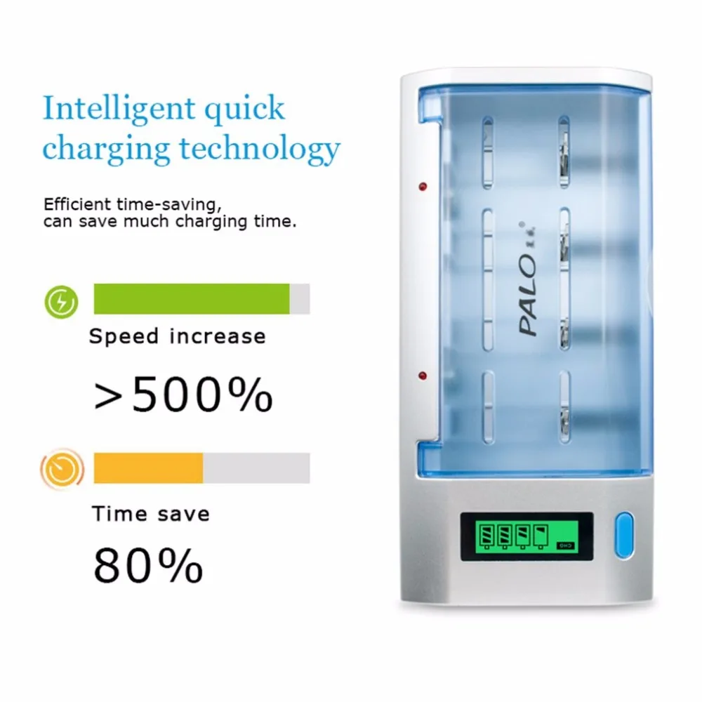 Palo 4 Slots Smart Fast Charger Battery Charger For AA/AAA/NI-MH/NI-CD/Li-ion/D/9V Rechargeable Battery LCD Display