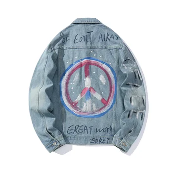 

ABOORUN Streetwear Graffiti Printed Denim Jacket Oversized Hip Hop Jeans Jacket Blue Fashion Cotton Jacket Male R2775
