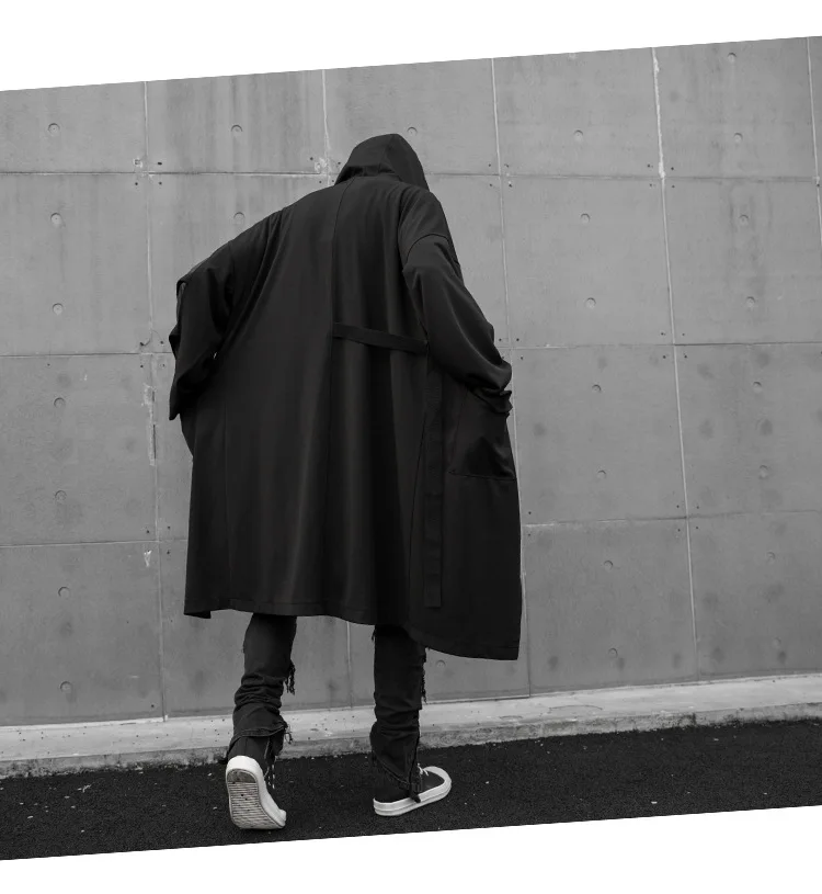 Прямая Мужской рукав выдалбливают панк хип хоп Тренч с капюшоном пальто с регулируемым поясом Мужская винтажная длинная куртка Готический плащ