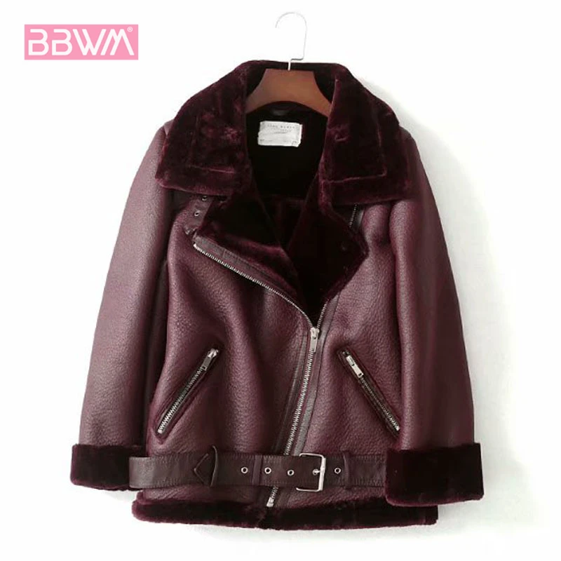 

Lining with Fluff Pu Motorcycle Women Jacket Lapel Long Sleeve Windproof Warm Zipper Black Casual Female Jacket Coat Winter Chic Ms Top