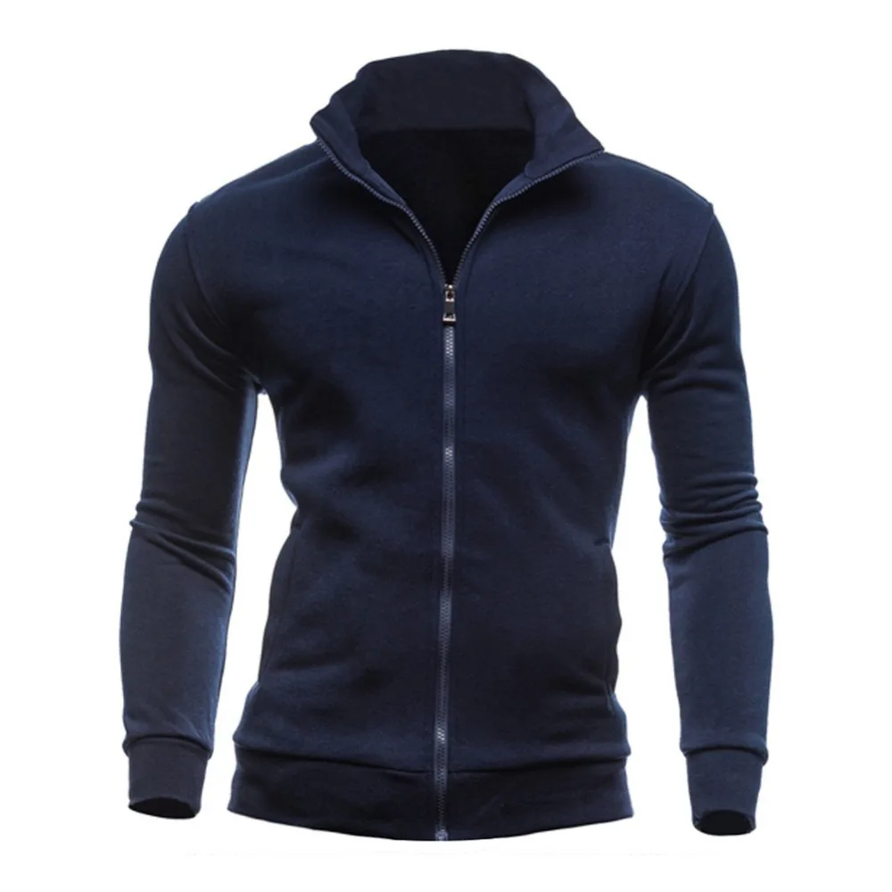 Men Autumn Long-Sleeves Stand Collar Cardigan Zipper solid color Sports Sweatershirt Coat