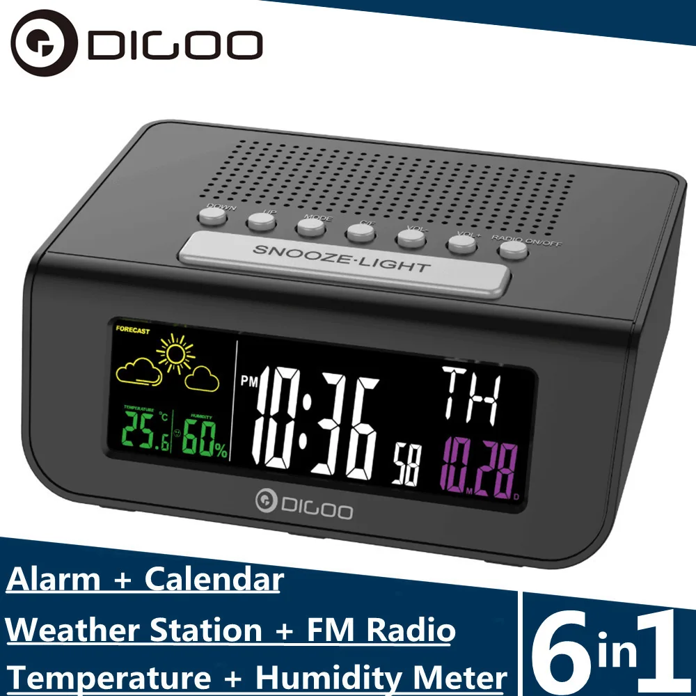 Digoo беспроводные Часы с FM-радио цветной цифровой будильник двойной прогноз