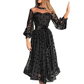 

2020 Women Dress Vintage Polka Dot Print Long Dresses For Women See Through Sheer A Line Dress Long Sleeve Evening Party Dresses