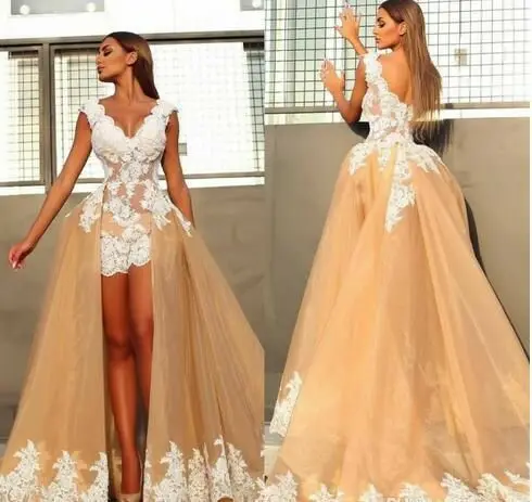 

Elegant A-Line Long Lace Champagne V-Neck Evening Dresses with Detchable Skirt Tulle Zipper Back Formal Party Dress for Women