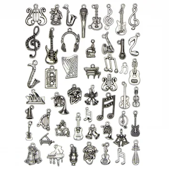 

50pcs/lot Mix Musical Charms Vintage Instruments Pendant Microphone Guitar Violin DIY Jewelry Making