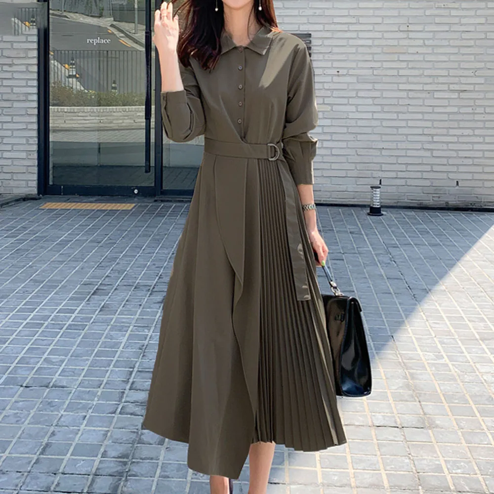 Корейское платье-рубашка женское осеннее асимметричное с Длинным Рукавом Плиссированное с поясом длинное платье Элегантное повседневное платье Vestidos черный/коричневый