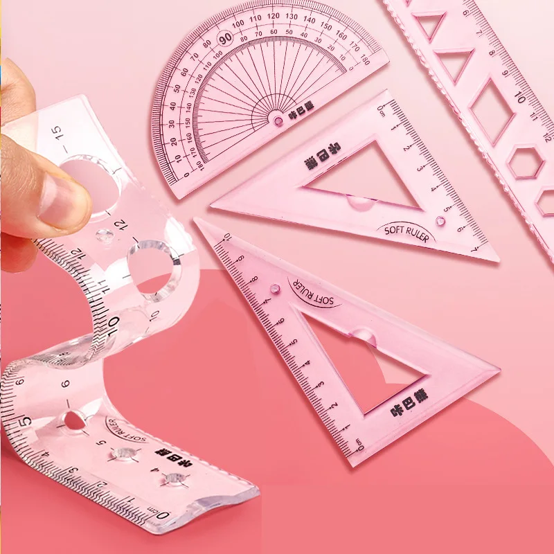 

4pcs/set Cute Flexible Ruler 15/20cm Stationery Straightedge Protractor Triangular Plate Set Students Novelty Ruler with Holes