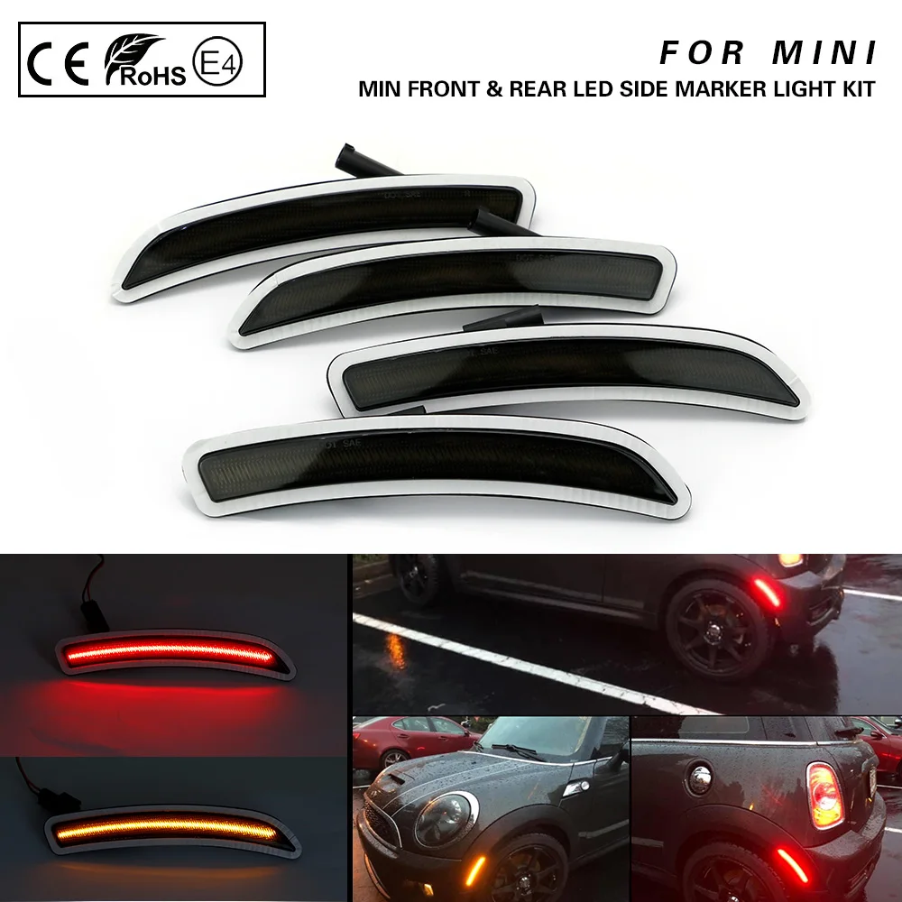 For Mini F55 F56 F57 2014-2019 4X Front+Rear LED side marker light Smoke lens Amber/Red US Version