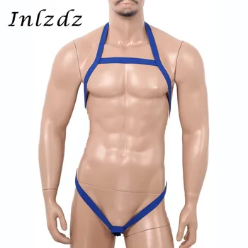 

Mens Lingerie Halter Neck Elastic Body Chest Harness Belts Jockstrap Thongs Bodysuit Lingerie for Night Club Role Play Costume