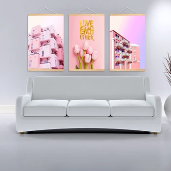 

3 Panel Hanging Poster with Wood Frames Nordic Pink Flowers Picture Wall Art Scroll Painting for Living Room Decor