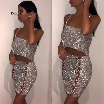 

Rebicoo Luxury Glitter Metal Crystal Skirts Women Hollow Out Diamonds Rhinestone Lace Up Sexy Clubwear Nightclub Mini Skirt