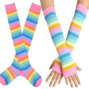 

Elastic Rainbow Cosplay Cotton Blend Women Stockings Set Party Soft Striped Fashion Over Knee Casual Anti Slip Slim Long Gloves